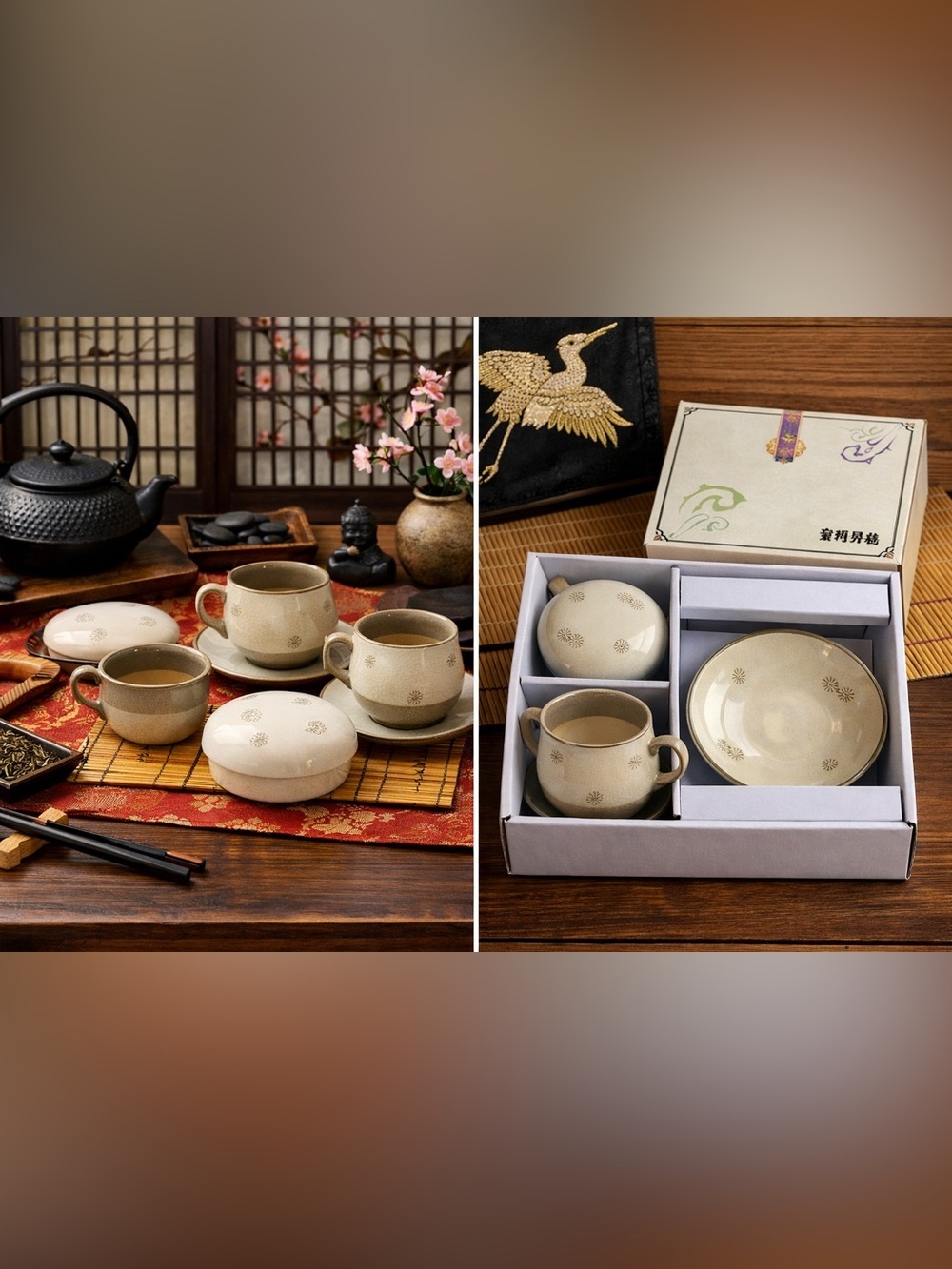 Vintage Japanese Crackle Glaze Tea Service Floral Cups Bowls Lids Gift Boxed